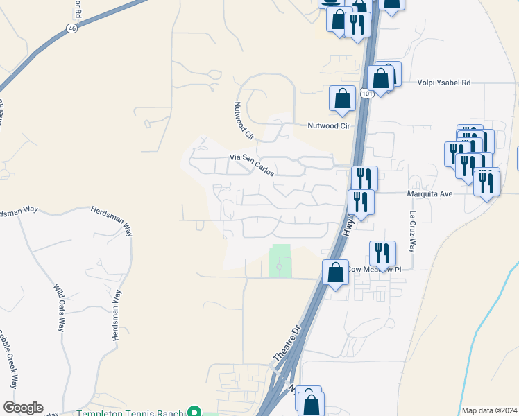 map of restaurants, bars, coffee shops, grocery stores, and more near 140 Paloma Drive in Paso Robles