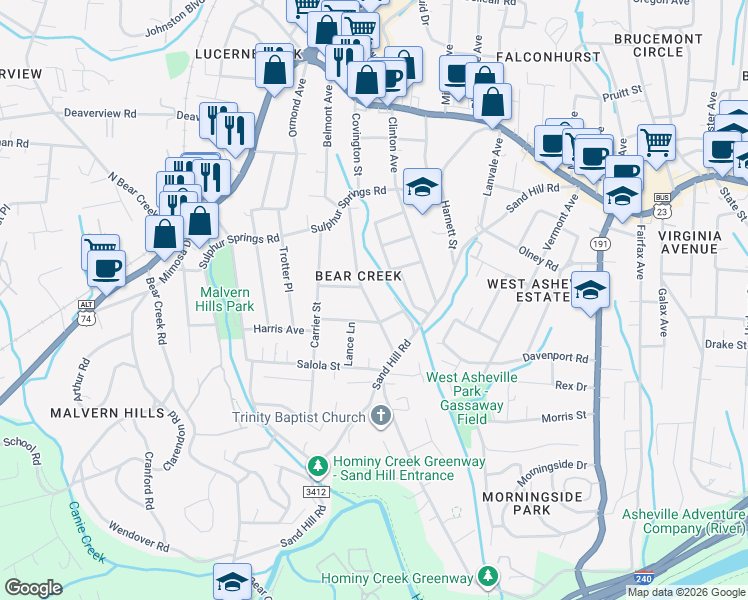map of restaurants, bars, coffee shops, grocery stores, and more near 120 Delaware Avenue in Asheville