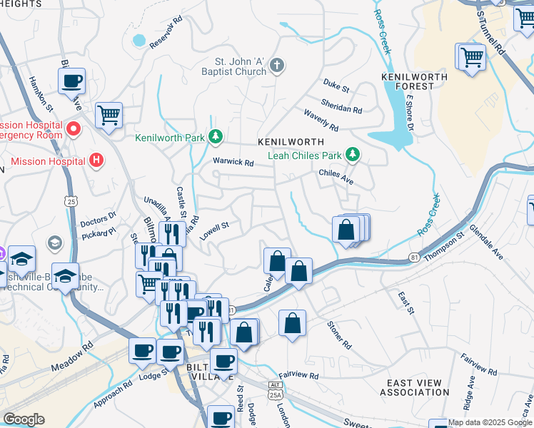 map of restaurants, bars, coffee shops, grocery stores, and more near 22 1/2 Kenilworth Road in Asheville