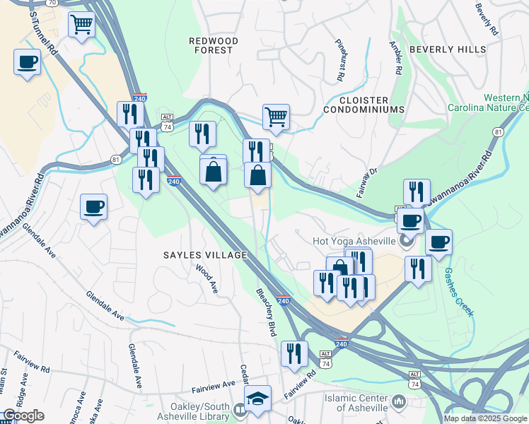 map of restaurants, bars, coffee shops, grocery stores, and more near 152 Bleachery Boulevard in Asheville
