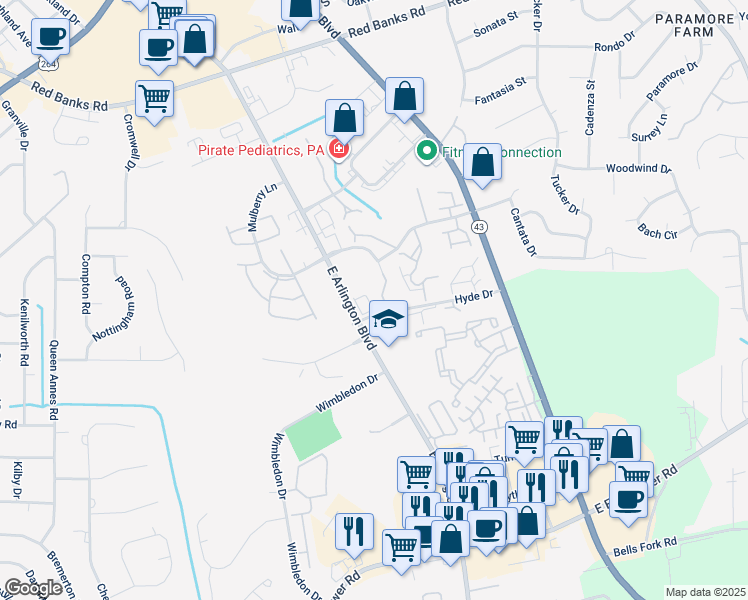 map of restaurants, bars, coffee shops, grocery stores, and more near 3320 Mulberry Lane in Greenville