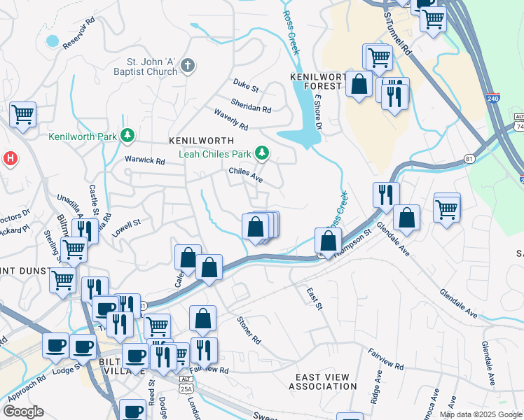 map of restaurants, bars, coffee shops, grocery stores, and more near 25 Westchester Drive in Asheville