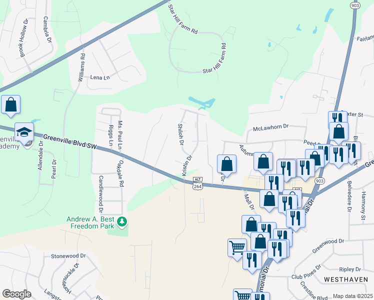 map of restaurants, bars, coffee shops, grocery stores, and more near 199 Kristin Drive in Greenville