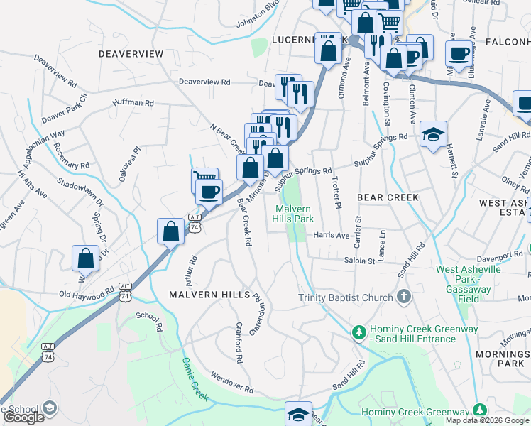 map of restaurants, bars, coffee shops, grocery stores, and more near 56 Madeline Avenue in Asheville