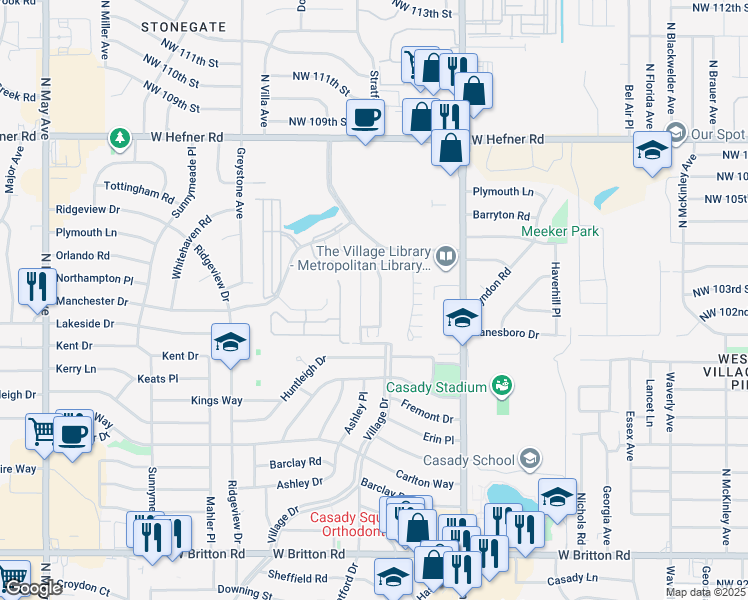 map of restaurants, bars, coffee shops, grocery stores, and more near 10220 Kingston Way in Village