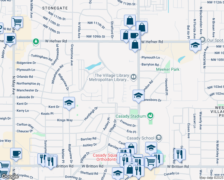 map of restaurants, bars, coffee shops, grocery stores, and more near 10220 Kingston Way in Village