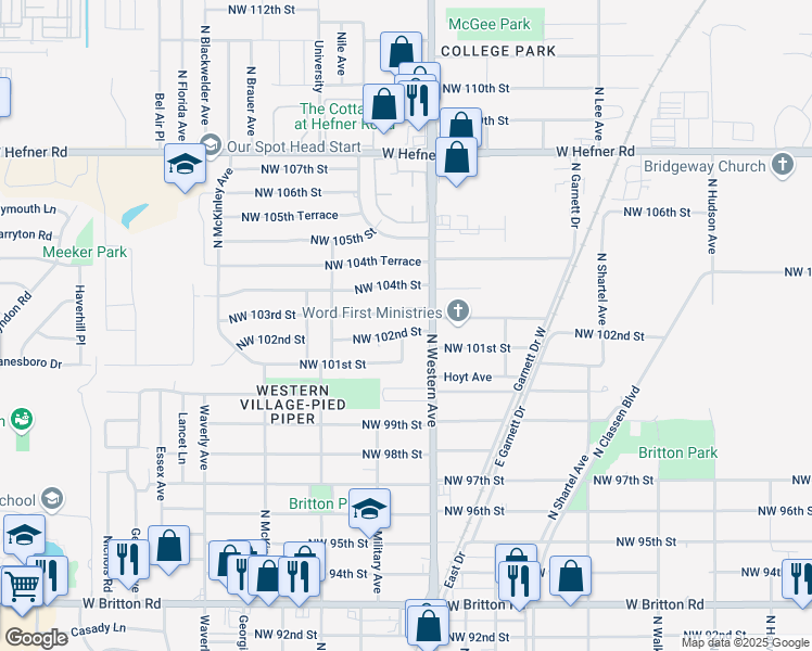 map of restaurants, bars, coffee shops, grocery stores, and more near 1132 Northwest 102nd Street in Oklahoma City