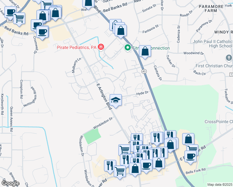 map of restaurants, bars, coffee shops, grocery stores, and more near 3310 Mulberry Lane in Greenville