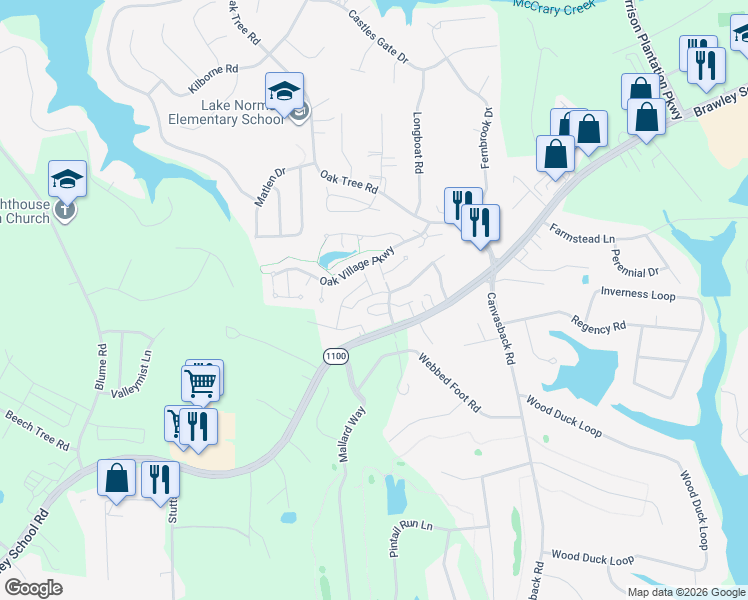 map of restaurants, bars, coffee shops, grocery stores, and more near 109 Clusters Circle in Mooresville