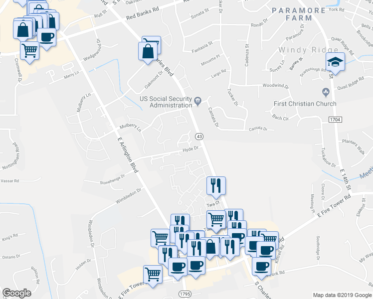 map of restaurants, bars, coffee shops, grocery stores, and more near 2195 Hyde Drive in Greenville