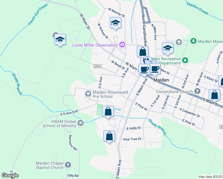 map of restaurants, bars, coffee shops, grocery stores, and more near 304 West Pine Street in Maiden