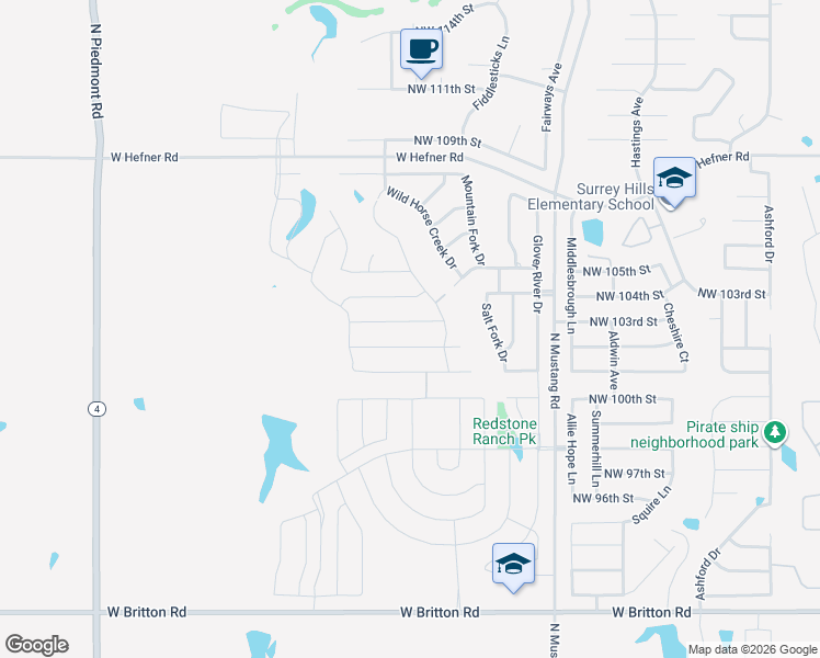 map of restaurants, bars, coffee shops, grocery stores, and more near 10061-10437 North Mustang Road in Yukon