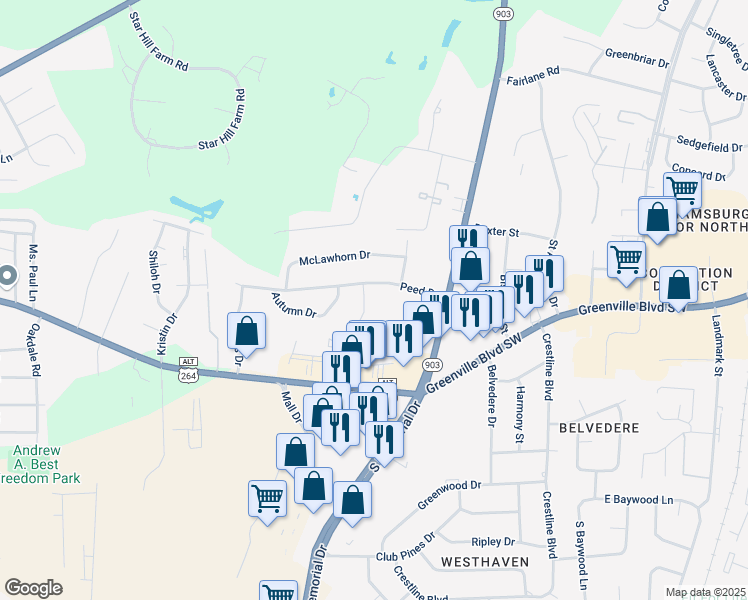 map of restaurants, bars, coffee shops, grocery stores, and more near 805 Peed Drive in Greenville