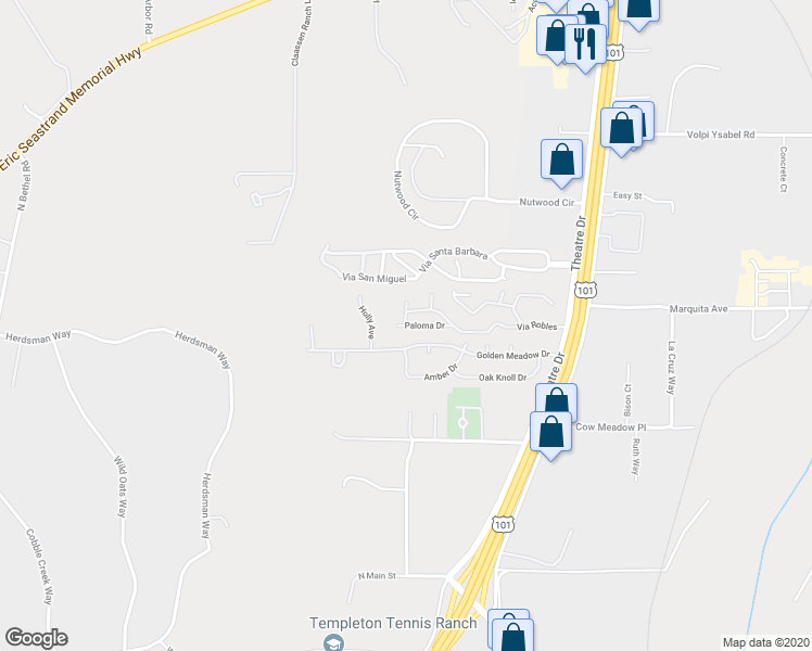 map of restaurants, bars, coffee shops, grocery stores, and more near 140 Paloma Drive in Paso Robles