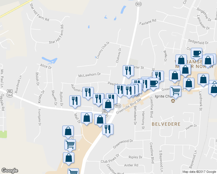 map of restaurants, bars, coffee shops, grocery stores, and more near 705 Peed Drive in Greenville