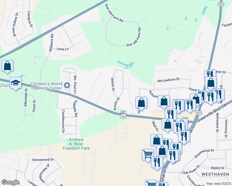 map of restaurants, bars, coffee shops, grocery stores, and more near 199 Kristin Drive in Greenville