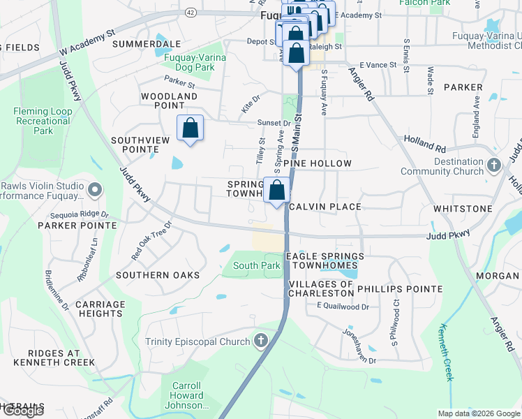 map of restaurants, bars, coffee shops, grocery stores, and more near 500 Lowman Circle in Fuquay-Varina