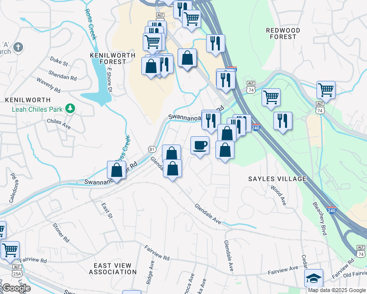 map of restaurants, bars, coffee shops, grocery stores, and more near 12 Simpson Street in Asheville