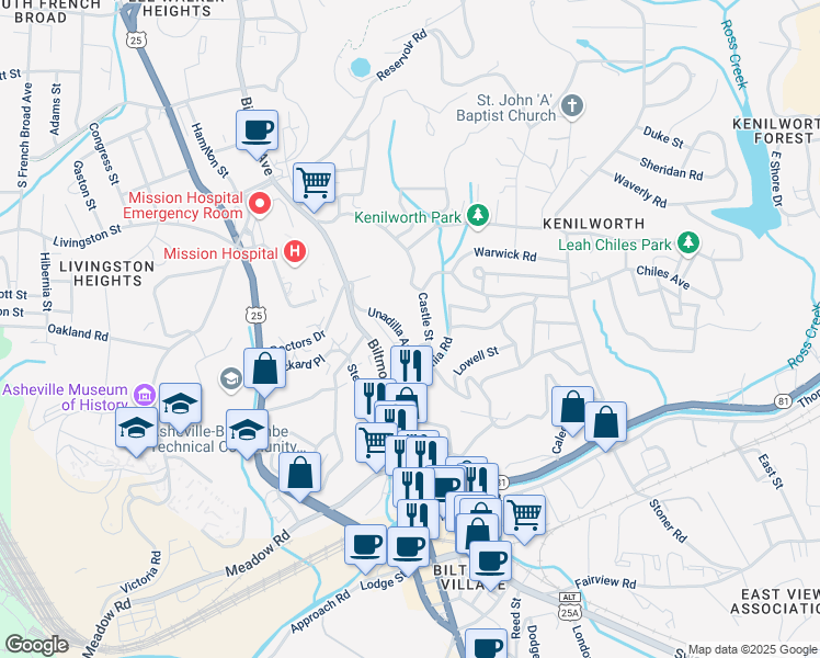 map of restaurants, bars, coffee shops, grocery stores, and more near 115 Unadilla Avenue in Asheville