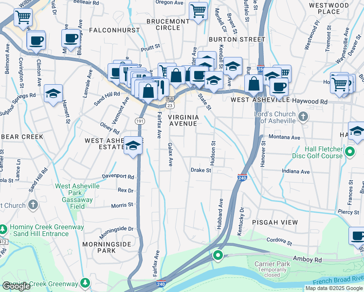 map of restaurants, bars, coffee shops, grocery stores, and more near 115 Virginia Avenue in Asheville