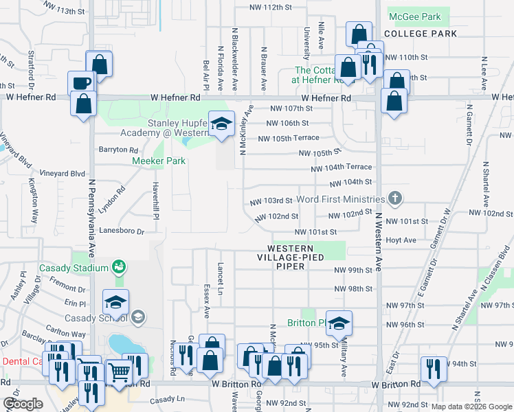 map of restaurants, bars, coffee shops, grocery stores, and more near 1425 Northwest 102nd Street in Oklahoma City