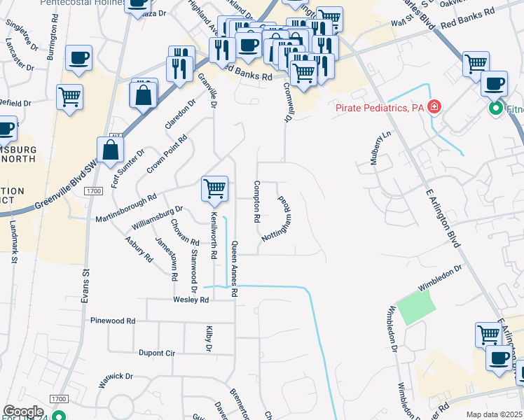 map of restaurants, bars, coffee shops, grocery stores, and more near 1005 Compton Road in Greenville