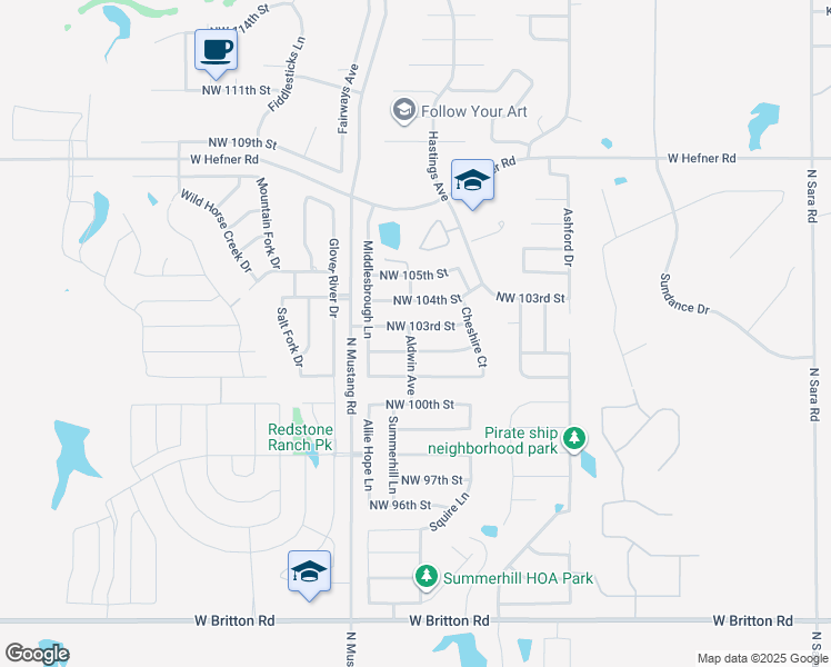map of restaurants, bars, coffee shops, grocery stores, and more near 11240 Northwest 103rd Street in Yukon