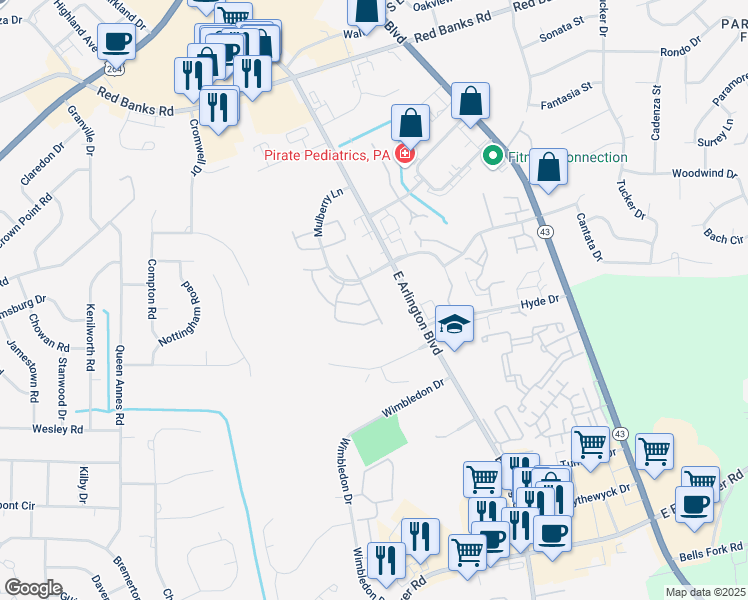 map of restaurants, bars, coffee shops, grocery stores, and more near 3004 Mulberry Lane in Greenville