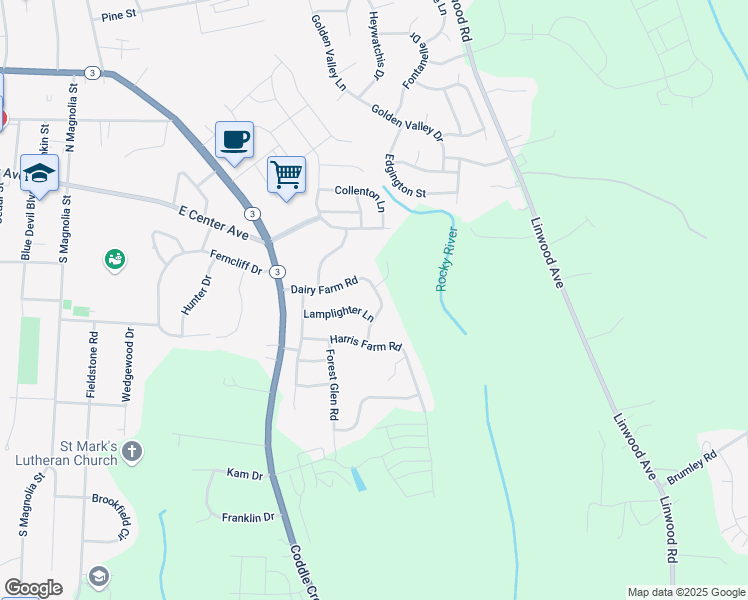 map of restaurants, bars, coffee shops, grocery stores, and more near 172 Dairy Farm Road in Mooresville