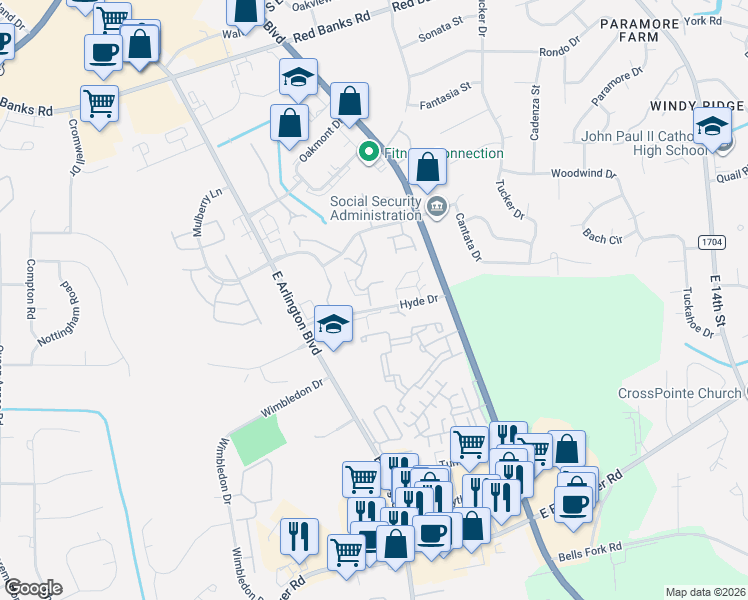 map of restaurants, bars, coffee shops, grocery stores, and more near 116 Breezewood Drive in Greenville