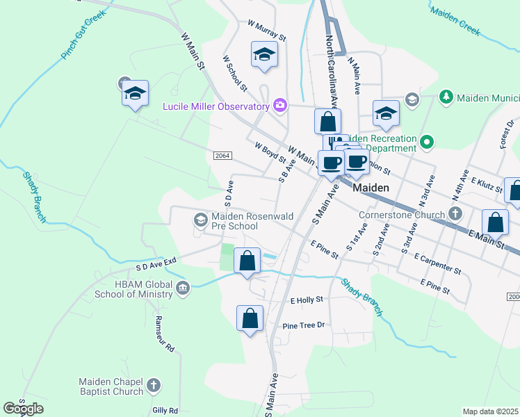 map of restaurants, bars, coffee shops, grocery stores, and more near 304 West Pine Street in Maiden