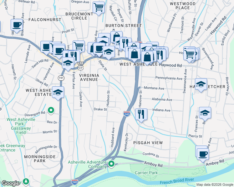 map of restaurants, bars, coffee shops, grocery stores, and more near 12 Gratitude Drive in Asheville