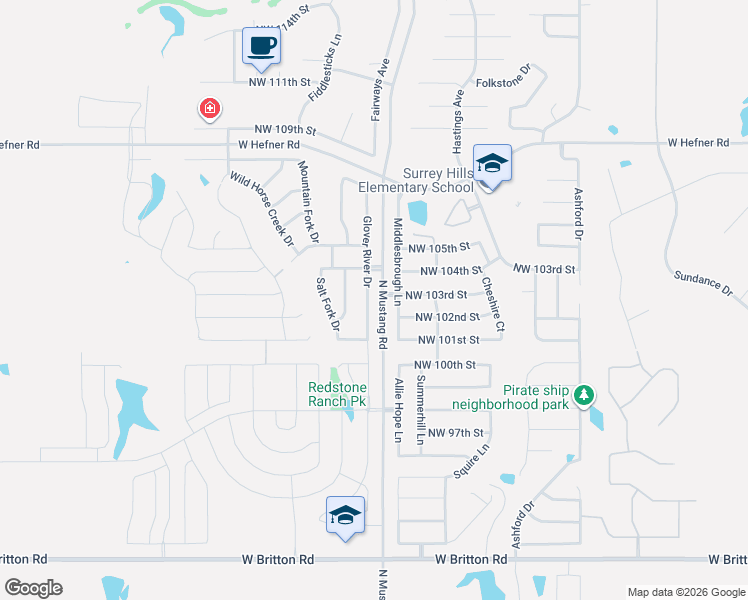 map of restaurants, bars, coffee shops, grocery stores, and more near 10213 Glover River Drive in Yukon