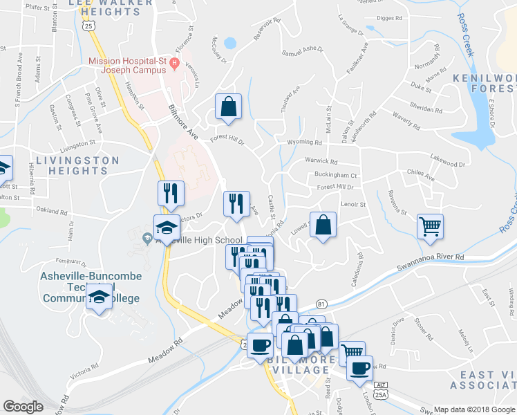 map of restaurants, bars, coffee shops, grocery stores, and more near 98 Unadilla Avenue in Asheville