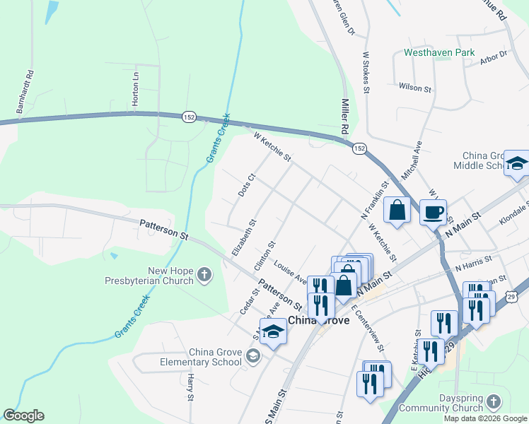 map of restaurants, bars, coffee shops, grocery stores, and more near 101 Clinton Street in China Grove