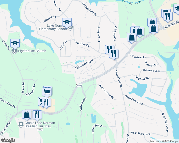 map of restaurants, bars, coffee shops, grocery stores, and more near 109 Clusters Circle in Mooresville