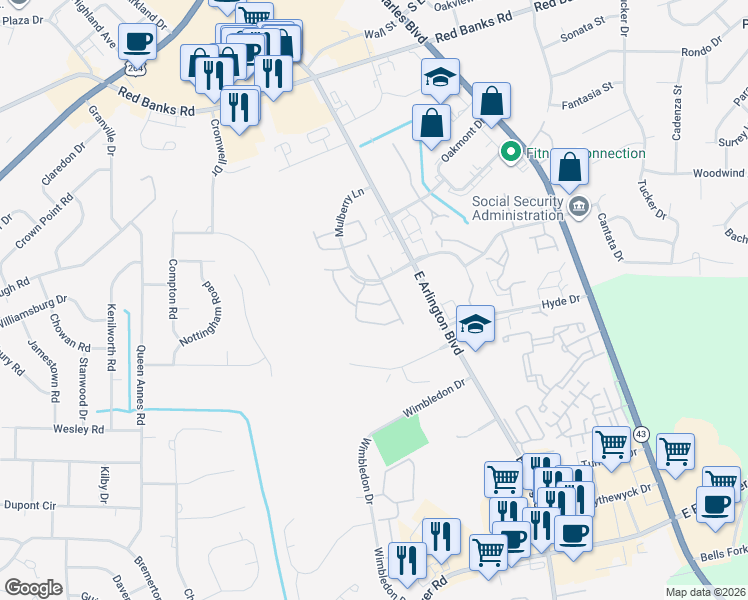 map of restaurants, bars, coffee shops, grocery stores, and more near 2912 Mulberry Lane in Greenville