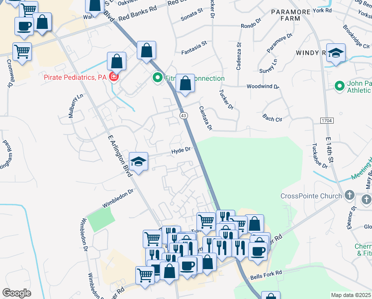 map of restaurants, bars, coffee shops, grocery stores, and more near 2187 Hyde Drive in Greenville