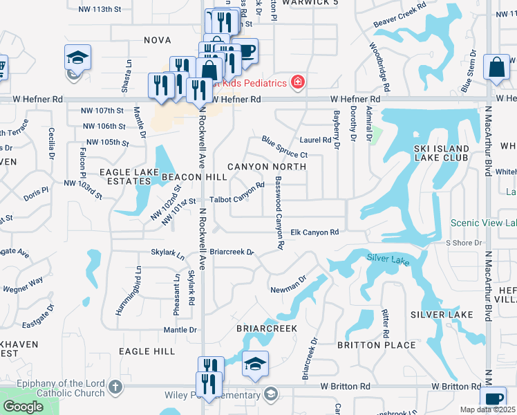 map of restaurants, bars, coffee shops, grocery stores, and more near 10305 Cricket Canyon Road in Oklahoma City