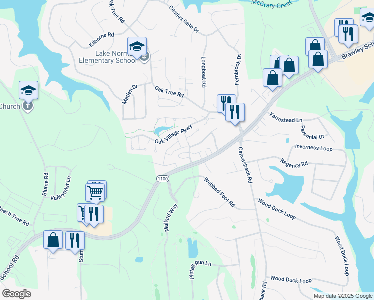 map of restaurants, bars, coffee shops, grocery stores, and more near 105 Clusters Circle in Mooresville