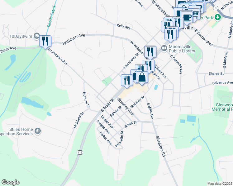 map of restaurants, bars, coffee shops, grocery stores, and more near 547 South Broad Street in Mooresville