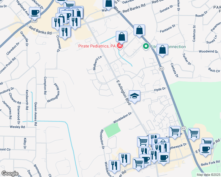 map of restaurants, bars, coffee shops, grocery stores, and more near 3004 Mulberry Lane in Greenville