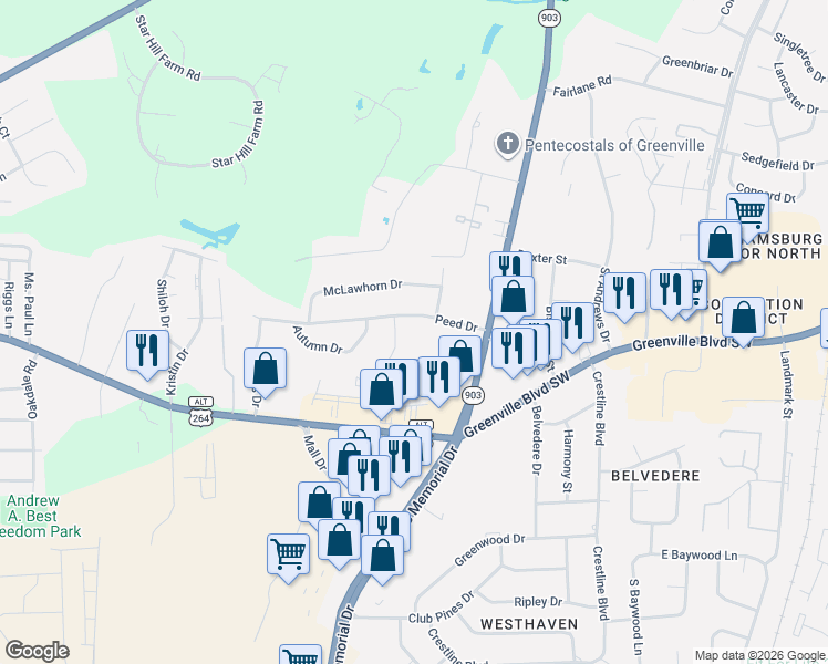 map of restaurants, bars, coffee shops, grocery stores, and more near 3211 Summer Place in Greenville