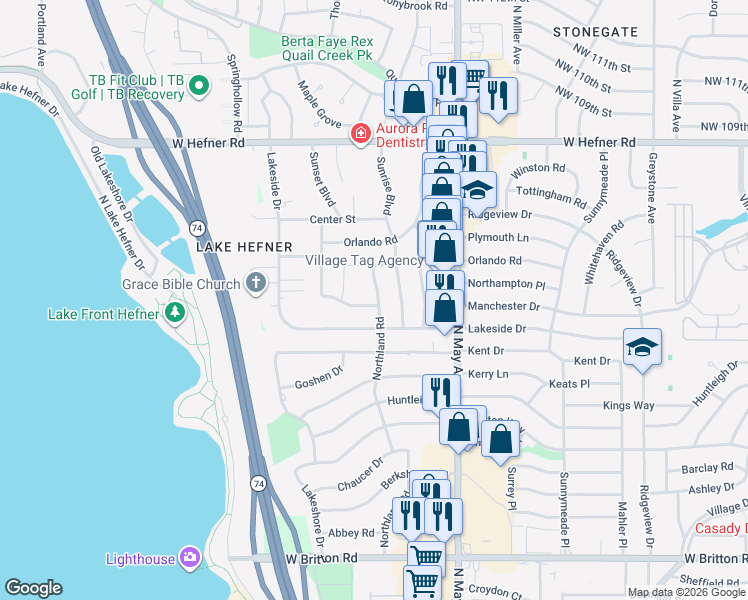 map of restaurants, bars, coffee shops, grocery stores, and more near 2957 Lakeside Drive in The Village
