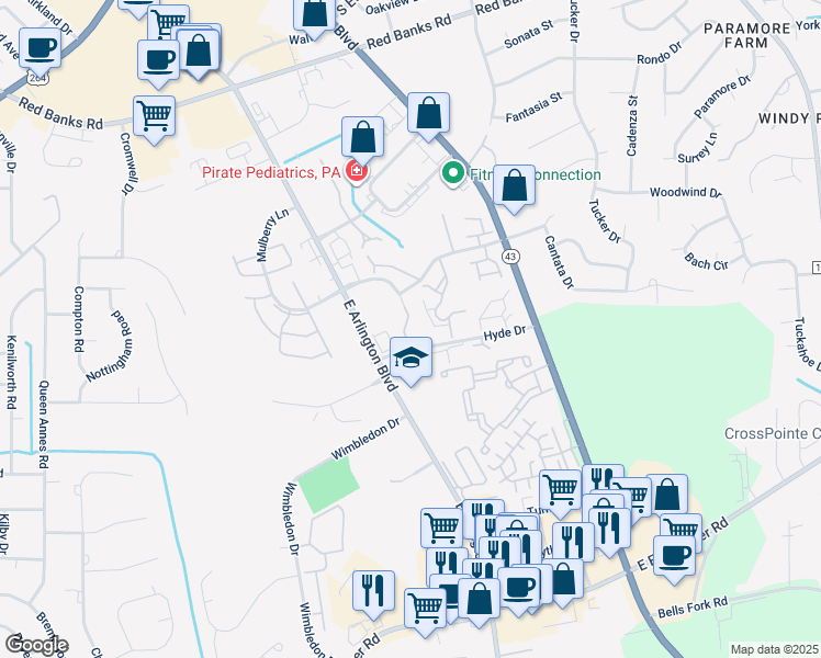 map of restaurants, bars, coffee shops, grocery stores, and more near 3308 Mulberry Lane in Greenville