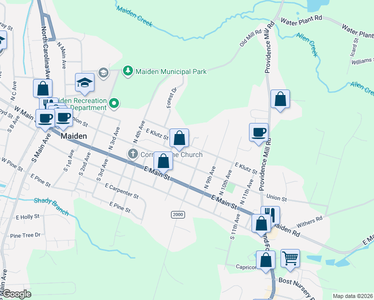 map of restaurants, bars, coffee shops, grocery stores, and more near 605 Union Street in Maiden