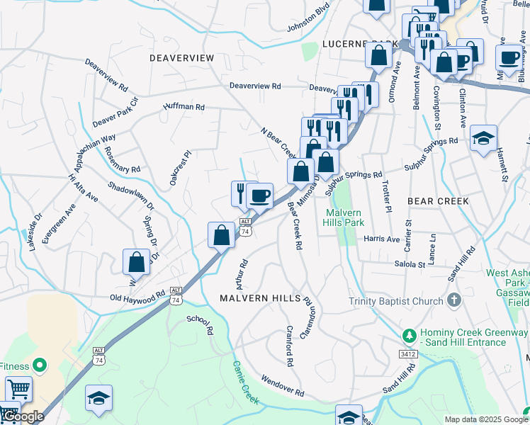 map of restaurants, bars, coffee shops, grocery stores, and more near 1568 Patton Avenue in Asheville