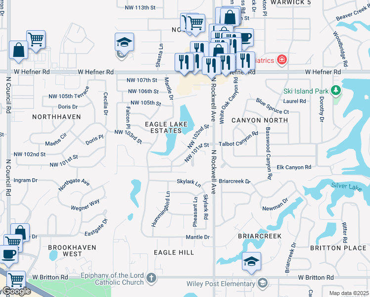 map of restaurants, bars, coffee shops, grocery stores, and more near 10301 Bacardy Place in Oklahoma City