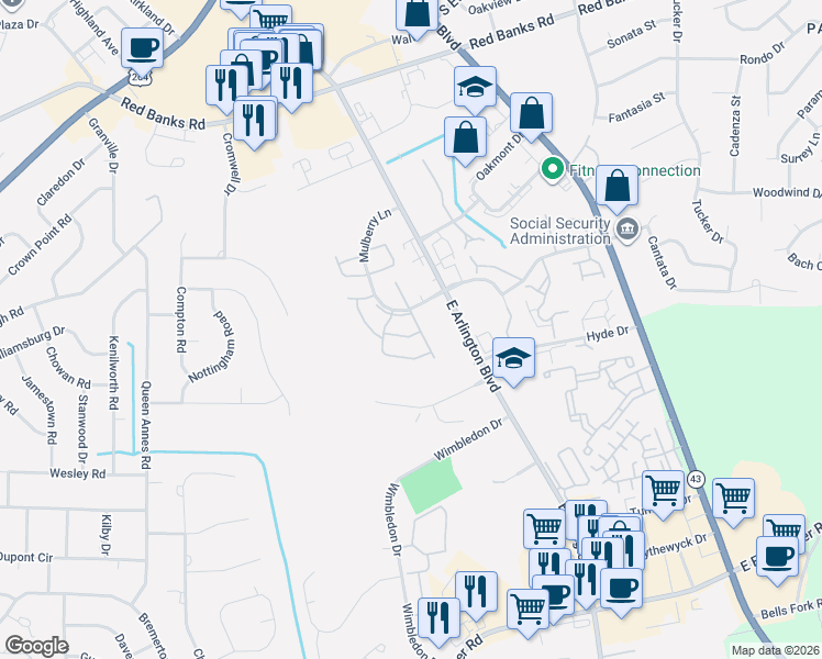 map of restaurants, bars, coffee shops, grocery stores, and more near 3010 Mulberry Lane in Greenville