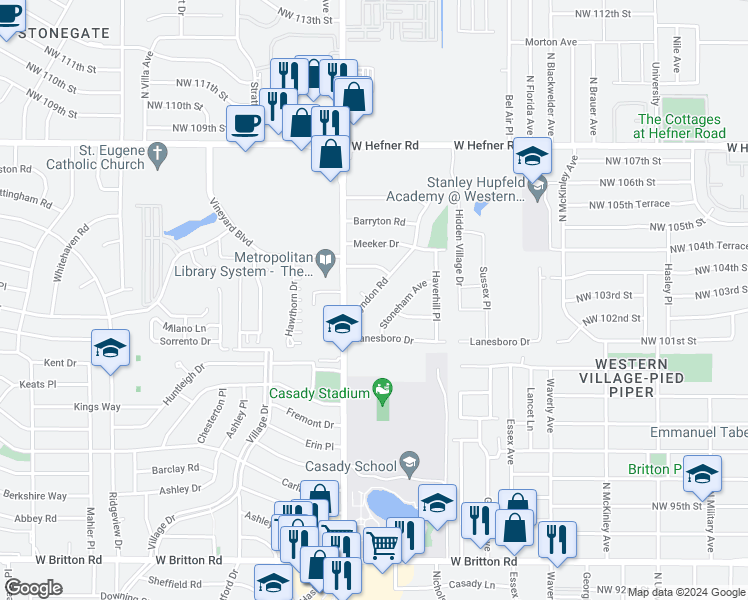 map of restaurants, bars, coffee shops, grocery stores, and more near 10300 Lyndon Road in The Village